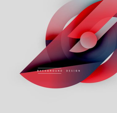 Soyut tasarım özellikleri üst üste binen şekiller, gradyanlar. Kırmızı, mavi renkler kompozisyona hakim. Minimalist tarz, modern estetik. Arkaplan metni mevcut.