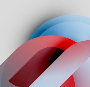 Soyut kompozisyon. Üst üste binen kıvrımlı şekiller, kırmızı ve mavi renkler baskın gelir. Minimalist tasarım, düzgün eğimler, modern estetik..