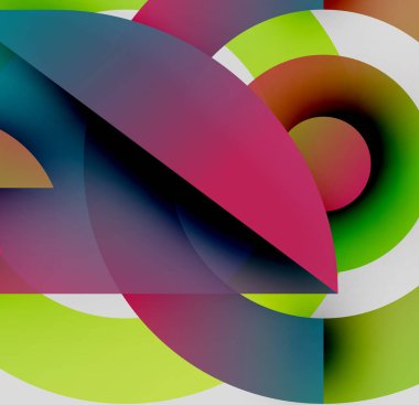 Soyut kompozisyon. Üst üste binen renkli şekiller, dinamik görsel deneyimler yaratıyor. Gradyanlar, kıvrımlar, canlı renkler dizaynın hakimi..