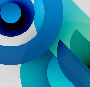 Üst üste binen mavi daireler, gradyanlar, beyaz boşluklar içeren soyut bir kompozisyon. Minimalist tasarım, sakin ve modern estetiği çağrıştırıyor.