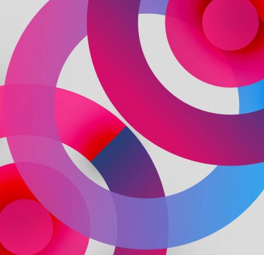 Üst üste binen daireler, canlı renkler, gradyanlar içeren soyut kompozisyon. Modern tasarım, dinamik şekiller görsel ilgi yaratıyor.