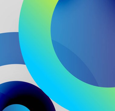 Üst üste binen daireler içeren soyut kompozisyon. Renkler maviden yeşile karışır ve dinamik görsel efekt yaratır. Minimalist tasarım.
