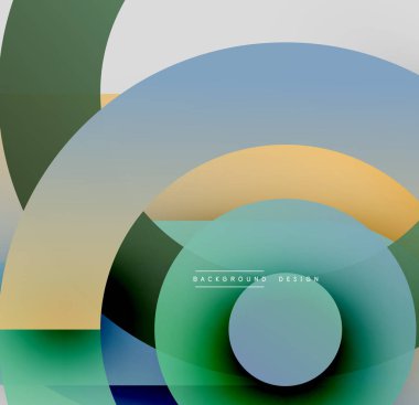 Soyut geometrik bileşim. Üst üste binen daireler, kareler katmanlı görsel efekt yaratır. Yumuşak renk paleti tasarıma hükmediyor.
