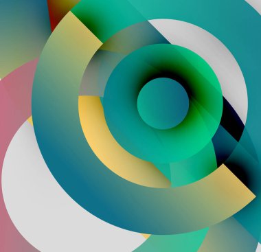 Soyut eşmerkezli çemberler, canlı renklerin karışımı. Dinamik bileşim optik illüzyon yaratır, modern tasarım estetik.