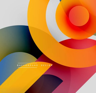 Soyut renkli çakışan daireler dinamik bileşim oluşturur. Gradyanlar derinlik ekler, modern estetik. Arkaplan tasarımı ögesi.
