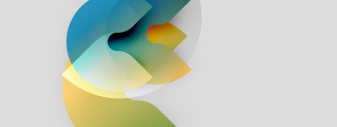 Soyut şekiller üst üste binerek sıvı formları oluşturur. Renkler mavi, sarılar, beyaz arka planda portakallar. Modern tasarım, yumuşak gradyanlar mevcut.