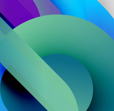 Soyut şekiller örtüşüyor, canlı renk değişimleri yaratıyor. Maviler, yeşiller, morlar pürüzsüz harmanlanır. Yumuşak geçişler bileşimi tanımlar.