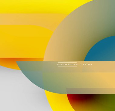 Soyut geometrik şekiller çakışıyor. Sıcak sarılar, serin maviler dinamik kompozisyon oluşturur. Modern tasarım elementleri temiz estetik sunar.