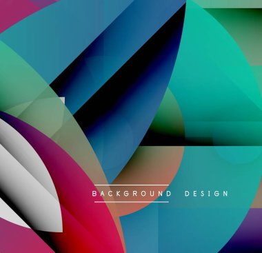 Soyut geometrik şekiller örtüşüyor, canlı renk eğimleri yaratıyor. Katmanlı formlarla dinamik bileşim, modern tasarım elementleri.