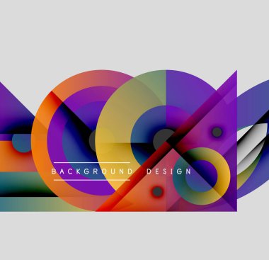 Soyut renkli şekiller çakışıyor. Dinamik bileşim daireler, üçgenler, çizgiler içerir. Değişik renklere sahip modern tasarım.