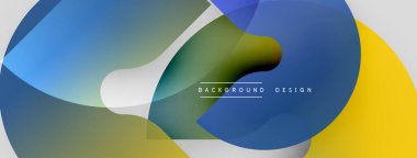 Soyut şekiller örtüşüyor, canlı renk değişimleri yaratıyor. Mavi, sarı, yeşil renkler tasarımda baskın. Modern estetik.
