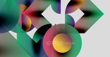 Soyut renkli şekiller çakışıyor. Daireler, üçgenler dinamik görsel efekt yaratır. Modern tasarım elementleri canlı bileşim sunar.