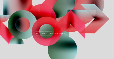 Soyut geometrik şekiller örtüşüyor, canlı renk eğimleri yaratıyor. Tasarım özellikleri daireler, üçgenler, yumuşak gölgeler, modern estetik.