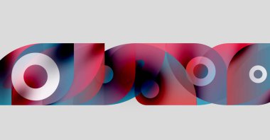 Üst üste binen daireler, şekiller, canlı renkler içeren soyut kompozisyon. Modern tasarım, dinamik görsel elementler, gösterişli sunum.