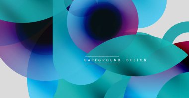 Soyut kompozisyon. Üst üste binen daireler canlı ve bulanık gradyanlar yaratır. Mavi, mor, deniz mavisi egemen tasarım. Modern estetik.