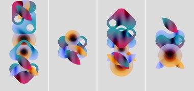 Soyut renkli şekiller çakışıyor ve akışkan bileşimler oluşturuyor. Yumuşak gradyanlar renkleri karıştırır, dinamik görsel desenler oluşturur.