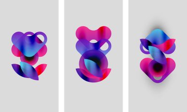 Soyut çiçek şekilleri, canlı renkler, üç panel. Yumuşak eğimler akış biçimleri yaratır, modern tasarım. Minimalist estetik, hoş kompozisyon.