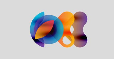 Soyut renkli şekiller örtüşür, dinamik görsel efekt yaratır. Renkler karışıyor, akıcılığı ve hareketi gösteriyor. Modern tasarım ögesi.