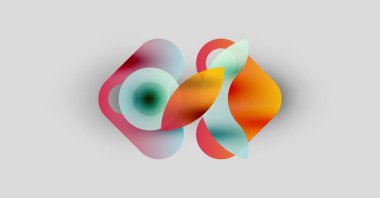 Soyut şekiller örtüşür, canlı renk karışımları yaratır. Yumuşak eğimler hareketi, ışık etkileşimini önerir. Minimalist tasarım, modern estetik.