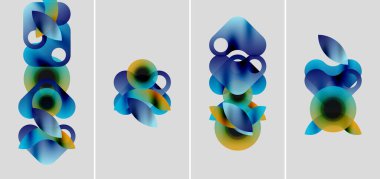 Soyut şekiller, mavi tonlar baskın gelir. Renkler karışıp sıvı formlar oluşturuyor. Minimalist tasarım, gösterilen dört panel.