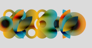 Soyut renkli çakışan daireler dinamik görsel desenler oluşturur. Yumuşak eğimler hareket ve derinlik olduğunu gösteriyor. Minimalist tasarım.