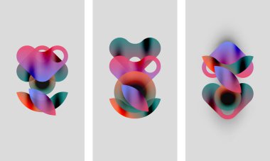 Soyut renkli şekiller çakışıyor ve sıvı formlar yaratıyor. Üç panelde benzer renkler var, renkleri biraz farklı. Minimalist tasarım, yumuşak eğimler.