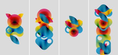 Soyut renkli şekiller örtüşür, dinamik kompozisyonlar oluşturur. Paneller canlı gradyanları, pürüzsüz geçişleri, modern tasarımı gösterir.