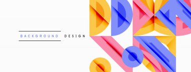 Soyut geometrik şekiller örtüşür, renkli arkaplan oluşturur. Tasarım pembe, mavi, sarı renklerde. Minimalist stil.