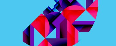 Soyut geometrik şekiller, canlı renkler, mavi arkaplan. Modern tasarım, dinamik kompozisyon, cesur görsel elementler.