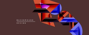 Soyut geometrik şekiller örtüşür, dinamik bileşim yaratır. Kırmızı, mor, mavi renkler koyu kahverengi arka plana hakim. Dijital projeler için modern tasarım ögesi.