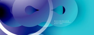 Soyut akışkan şekiller, mavi eğimler, üst üste binen daireler modern arkaplan tasarımı yaratır. Minimalist estetik, pürüzsüz geçişler.