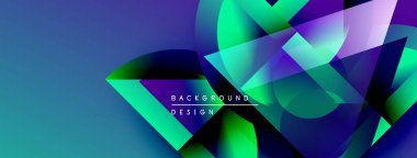 Soyut geometrik şekiller örtüşür, parlak mavi, yeşil ve mor renkler yaratır. Modern tasarım elementleri dijital sanat, arkaplan dokusu.