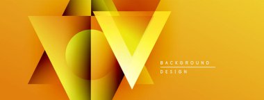 Soyut geometrik tasarım. Sarı, turuncu eğimler katmanlı üçgenler oluşturur, daire. Sunumlar ve markalaşma için modern arkaplan.