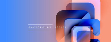 Soyut geometrik şekiller örtüşür, canlı bir gradyan arkaplan oluşturur. Mavi, turuncu renkler kompozisyona hakim. Modern tasarım ögesi.