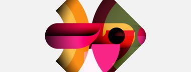 Soyut renkli tasarım. Üst üste binen şekiller dinamik bileşim yaratır. Pembe, turuncu, yeşil renkler görsel alana hakim. Modern estetik.