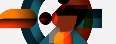 Soyut geometrik şekiller, canlı renkler, modern tasarım. Kompozisyon üst üste binen formlar içeriyor, dinamik görsel ilgi yaratıyor.