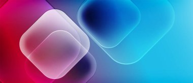 Soyut şekiller örtüşüyor, canlı gradyanlar yaratıyor. Pembe, mavi renkler kompozisyona hakim. Yumuşak ışıklandırma, modern tasarım elemanları mevcut.