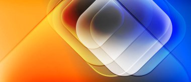 Soyut geometrik şekiller örtüşüyor, canlı renk eğimleri yaratıyor. Turuncu, mavi renkler kompozisyona hakim. Düz geçişler tasarımı tanımlar.