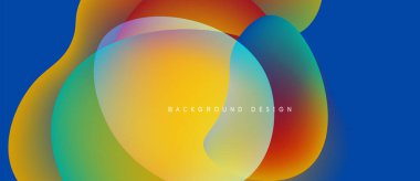 Soyut renkli şekiller örtüşüyor, canlı gradyanlar yaratıyor. Mavi arkaplan karşıtlık sağlar, modern tasarım ögesi.