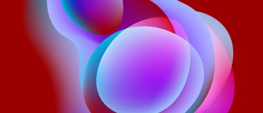 Soyut sıvı şekilleri örtüşür, canlı renk karışımları yaratır. Kırmızı arka plan mor, mavi ve pembe renkleri vurgular. Yumuşak geçişler bileşimi tanımlar.