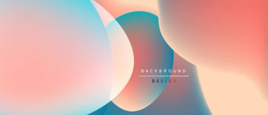 Soyut akışkan şekiller harmanlanır ve yumuşak renk değişimleri yaratır. Şeftali, turkuaz, turuncu renkler tasarımda baskın. Mevcut en küçük metin.