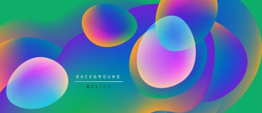 Canlı soyut şekiller örtüşüyor, renkli gradyanlar yaratıyor. Tasarım mor, mavi, pembe, yeşil renkler arasında pürüzsüz geçişler içerir.