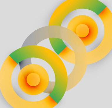 Soyut çemberler çakışıyor, canlı gradyanlar yaratıyor. Sarı, yeşil, gri tonlar kompozisyona hakim. Modern tasarım ögesi.