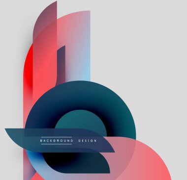 Soyut geometrik şekiller örtüşüyor, canlı renk eğimleri yaratıyor. Modern tasarım elementleri dinamik bileşimi önerir.