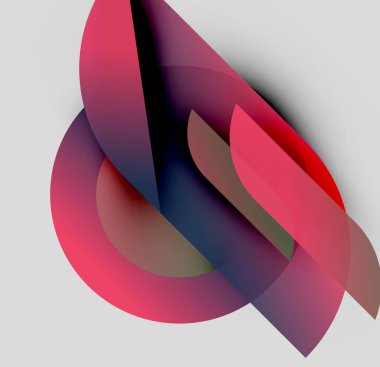 Soyut şekiller örtüşür, canlı renk karışımları yaratır. Kırmızılar, kahverengiler, maviler dinamik kompozisyon oluşturur. Minimalist tasarım, modern estetik.