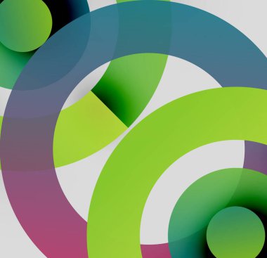 Üst üste binen daireler, canlı renkler, dinamik eğriler içeren soyut bir kompozisyon. Modern tasarım, temiz estetik, görsel uyum.