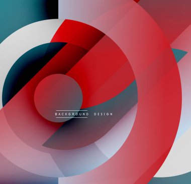 Soyut daireler üst üste binerek dinamik kırmızı, deniz mavisi ve beyaz bileşim oluşturuyor. Modern tasarım elementleri derinlik ve hareket.