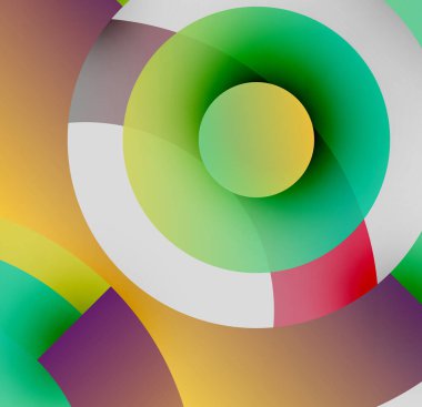 Soyut renkli daireler çakışıyor, dinamik görsel efekt yaratıyor. Gradyan renkler harmanlanarak modern kompozisyonu oluşturur. Pürüzsüz şekiller hareketi işaret eder.
