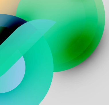 Soyut kompozisyon. Üst üste binen şeffaf daireler parlak yeşil, mavi renkler yaratıyor. Yumuşak eğimler derinlik ve hareket olduğunu gösteriyor. Minimalist tasarım.