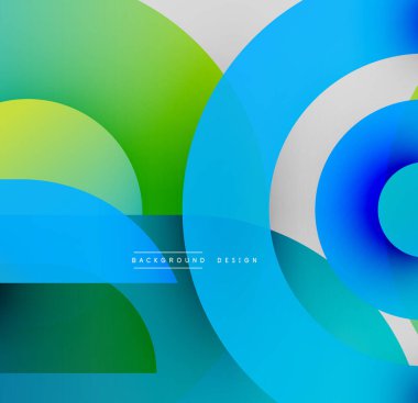 Soyut geometrik şekiller çakışıyor. Canlı maviler, yeşiller dinamik kompozisyon oluşturur. Yumuşak eğimler modern estetik sunar.